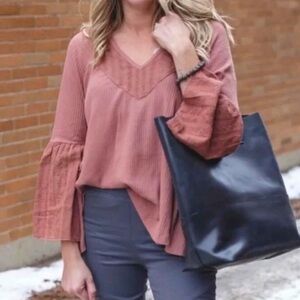 Free People Parisian Night Top Bell Sleeve in Sayulita Rose Pink Sz Sml